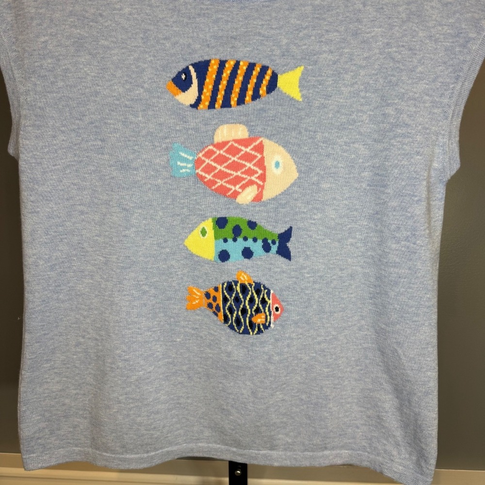 Talbots Petites Fish Embroidered Cotton Knit Top SP Blue Nautical Coastal - Picture 2 of 7
